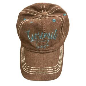 Brown Yosemite Cap with Blue Embroidery and Contrast Stitching with Bear Motif